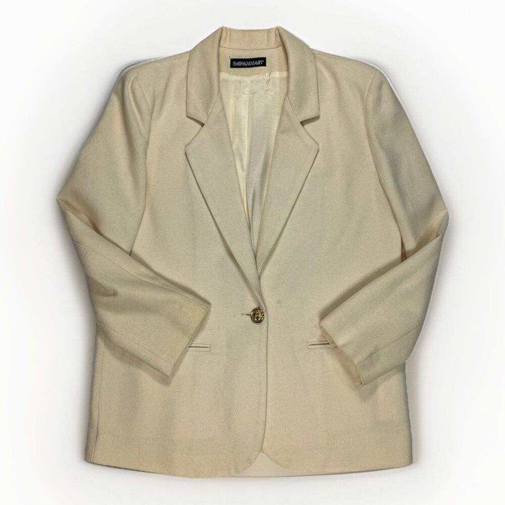 Vintage SAVANNAH Women 100% Wool Blazer Sz 10 USA Suit Jacket Sport Coat Cream